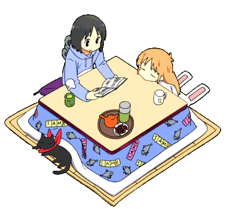 a transparent gif of nana and hakase from nichijou sitting at a kotatsu. nana is reading.